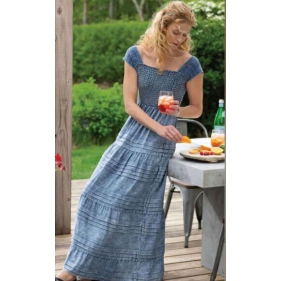 Soft Surroundings Blue Chambray Rocaille Maxi Dress Smocked Tiered Size‎ 1X Plus - Picture 1 of 16